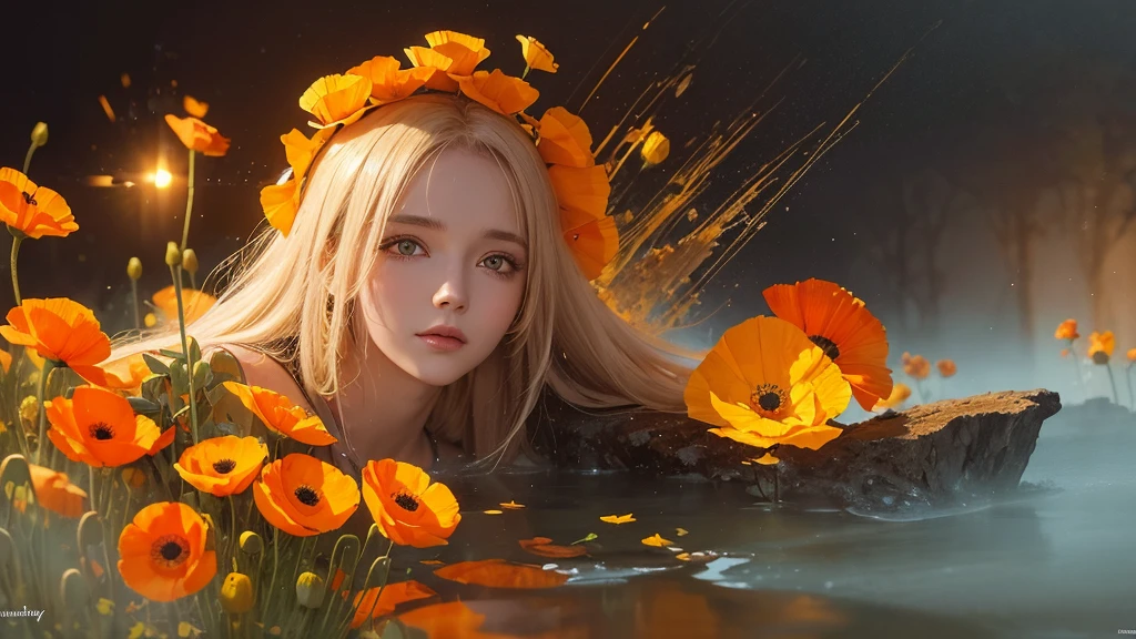 32k, Masterpiece, Highest quality, One girl, Detailed eyes, flower,Iceland Poppy, Orange and yellow style,A dreamy, romantic piece,Pale yellow, Mysterious Leaves,A playful arrangement,Fantasy,High Contrast,Ink strokes,explosion,Exposure, Impression of orange and yellow tones,Abstract,((Watercolours by John Berkey and Jeremy Mann )) Brush strokes,Negative Space, Tyndall effect,