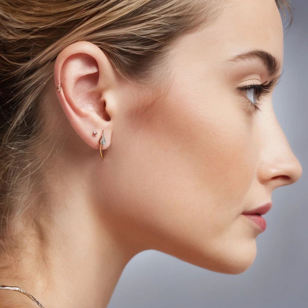 ears, ear piercing, young woman, only ears visible, side, details, realistic, sharp