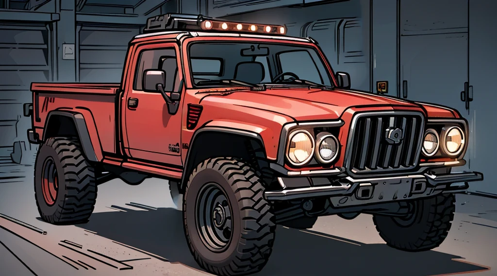 ((Best Quality)), ((masterpiece)), Highly detailed, 8K, red 6x6 heavy pickup truck, red dirty matte paint, boxy angles, boxy 80s design, 2 pairs of back wheels, bright showroom, cel-shaded, line art, bold black outlines, comic style, inkpunk, bright photoshoot lighting, ((isometric symmetry:1.2))