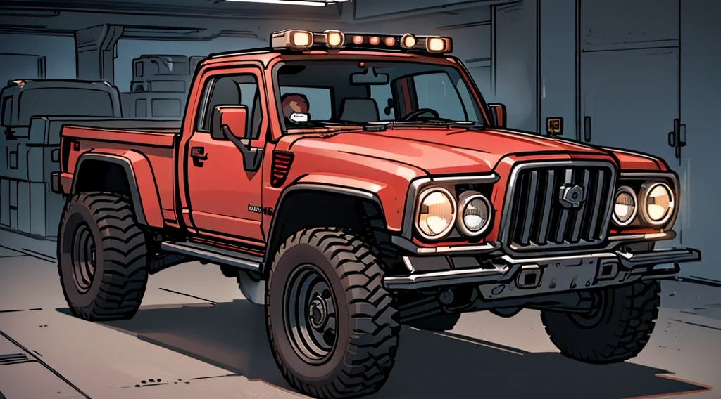 ((Best Quality)), ((masterpiece)), Highly detailed, 8K, red 6x6 heavy pickup truck, red dirty matte paint, boxy angles, boxy 80s design, 2 pairs of back wheels, bright showroom, cel-shaded, line art, bold black outlines, comic style, inkpunk, bright photoshoot lighting, ((isometric symmetry:1.2))