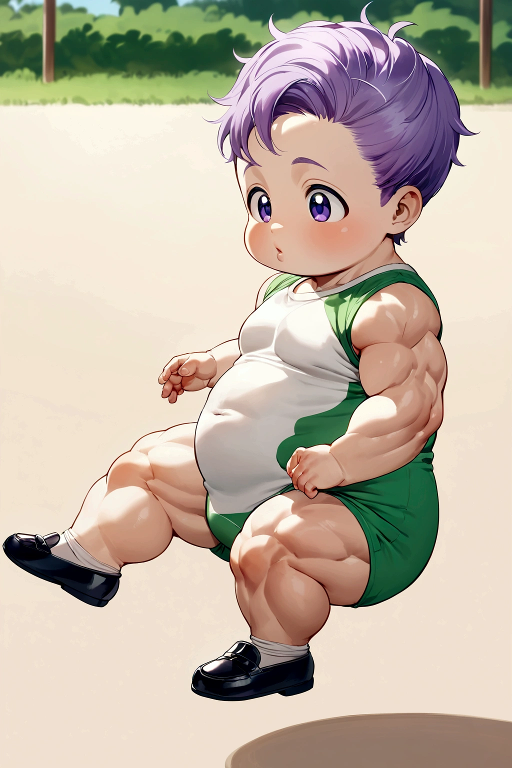 toddler boy has a big muscular body, and has big leg muscles, he is very cute,violet haired, white skinned, smooth body,he plays in the park ,wear shoe , children's faces, kids body,anime hairstyles