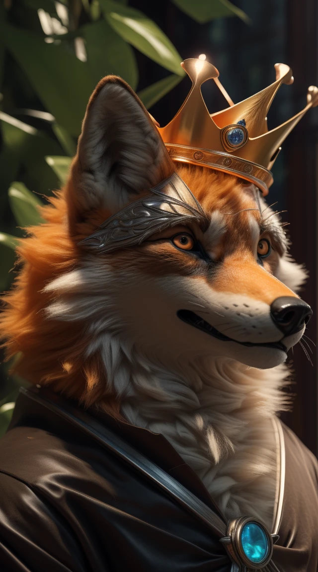 (better quality,16K,32k,highres,master piece:1.2),ultra detali,(realistic,fotorrealistic,photo-realistic:1.37),(an orange and white fox) looking at the viewer seductive expression with cute face a realistic background bright orange eye A cunning villain pose with (large crown) (shiny crown ( King crown) expression of serious courageous and confident and cunning