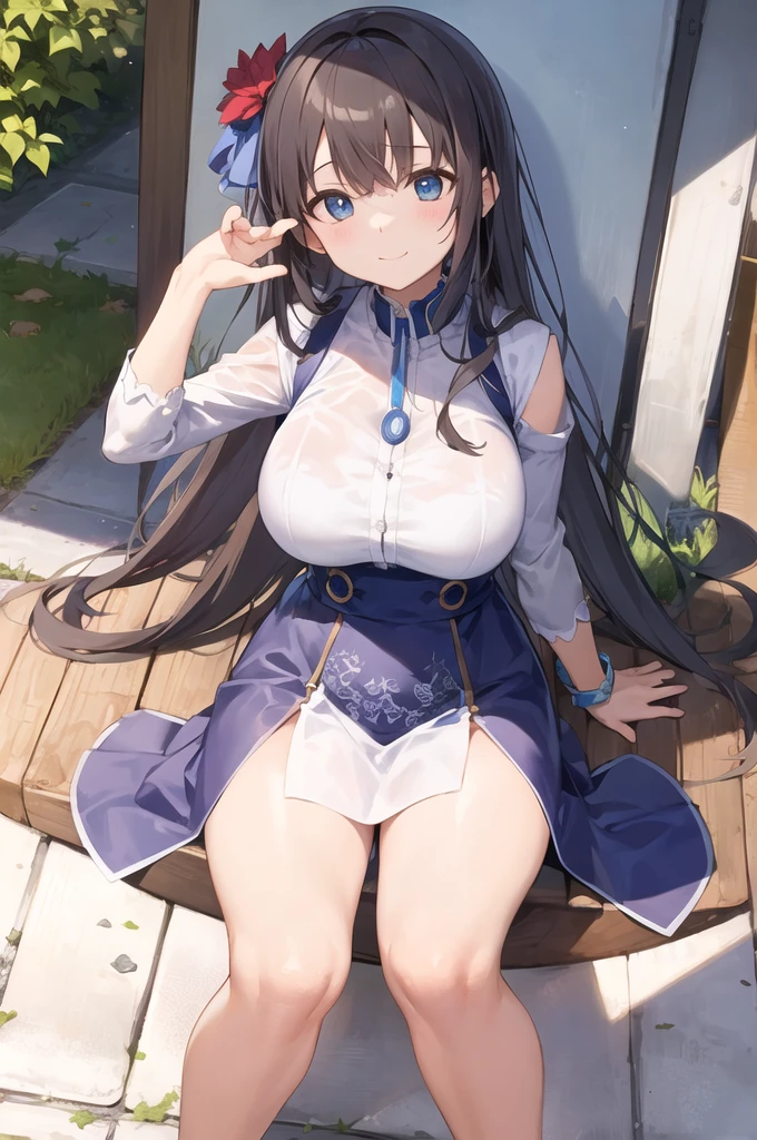 masterpiece, best quality, ultra detailed, detailed eyes, sparkling eyes, Glass Wonder\(umamusume\), highest quality, (Character Focus, breast focus,whole body), Beautiful body, Beautiful thighs, Beautiful feet, White beautiful skin, White sleeveless V-neck sweater, (blue mini pencil skirt:1.4), Black Pantyhose, (Black High Heels), smile, Face towards the viewer, Sexy pose, Romantic