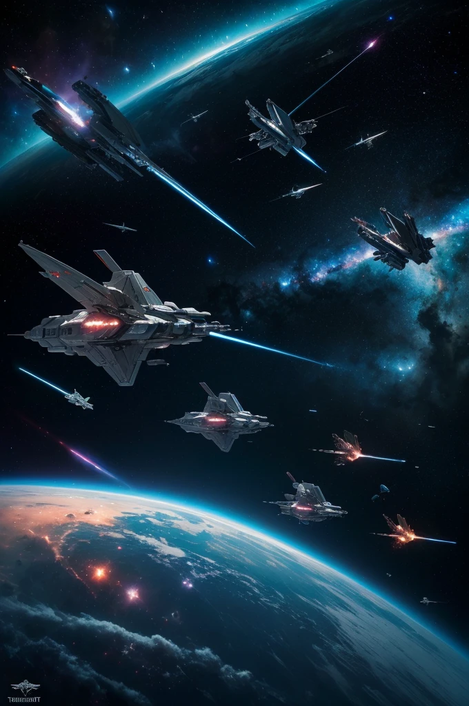 a fleet of long angular spacebattle spacecraft with turrets on all sides floating in front of a nebula, masterpiece, best, photo realistic space fleet scene, futuristic space battleships and small ships