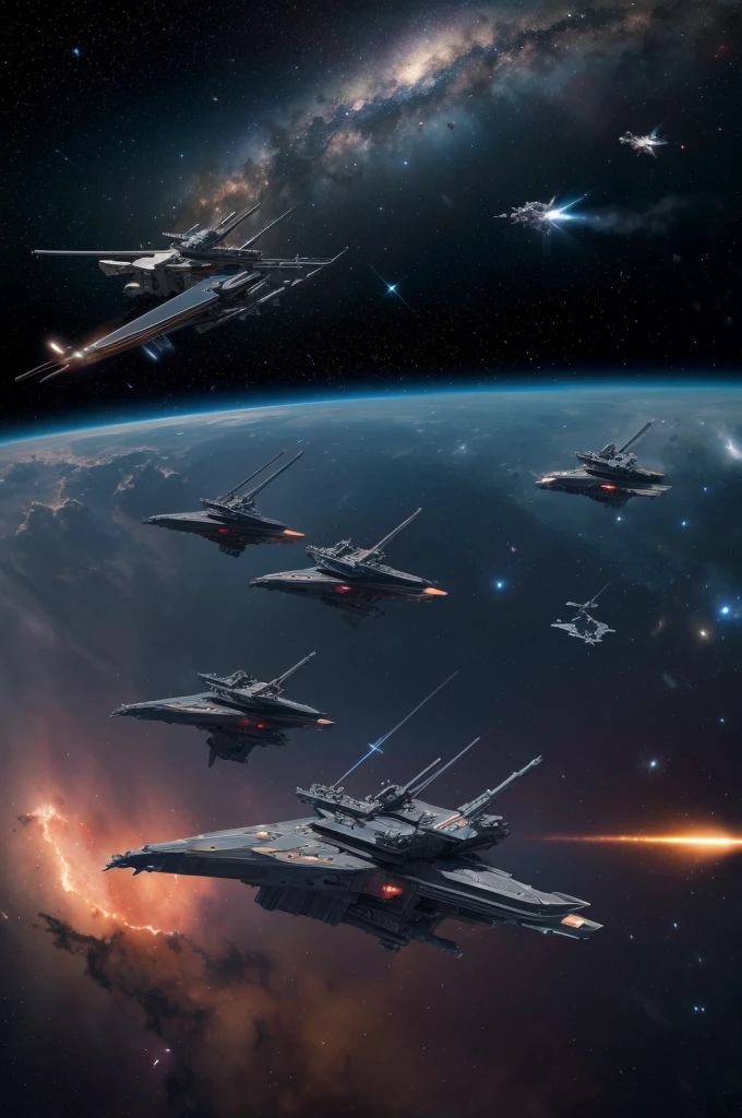 a fleet of long angular spacebattle spacecraft with turrets on all sides floating in front of a nebula, masterpiece, best, photo realistic space fleet scene, futuristic space battleships and small ships