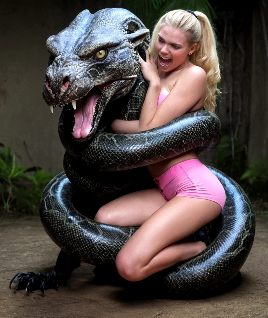 Pink booty shorts Happy Horny, aroused 1girl), beautiful kneeling young blonde girl with giant colossal black titanboa monster squeezing her hard, wrapped in thick spiraling coils, constricted, struggle, gasping for air, snake attack, snake peril, moonless night, dim light