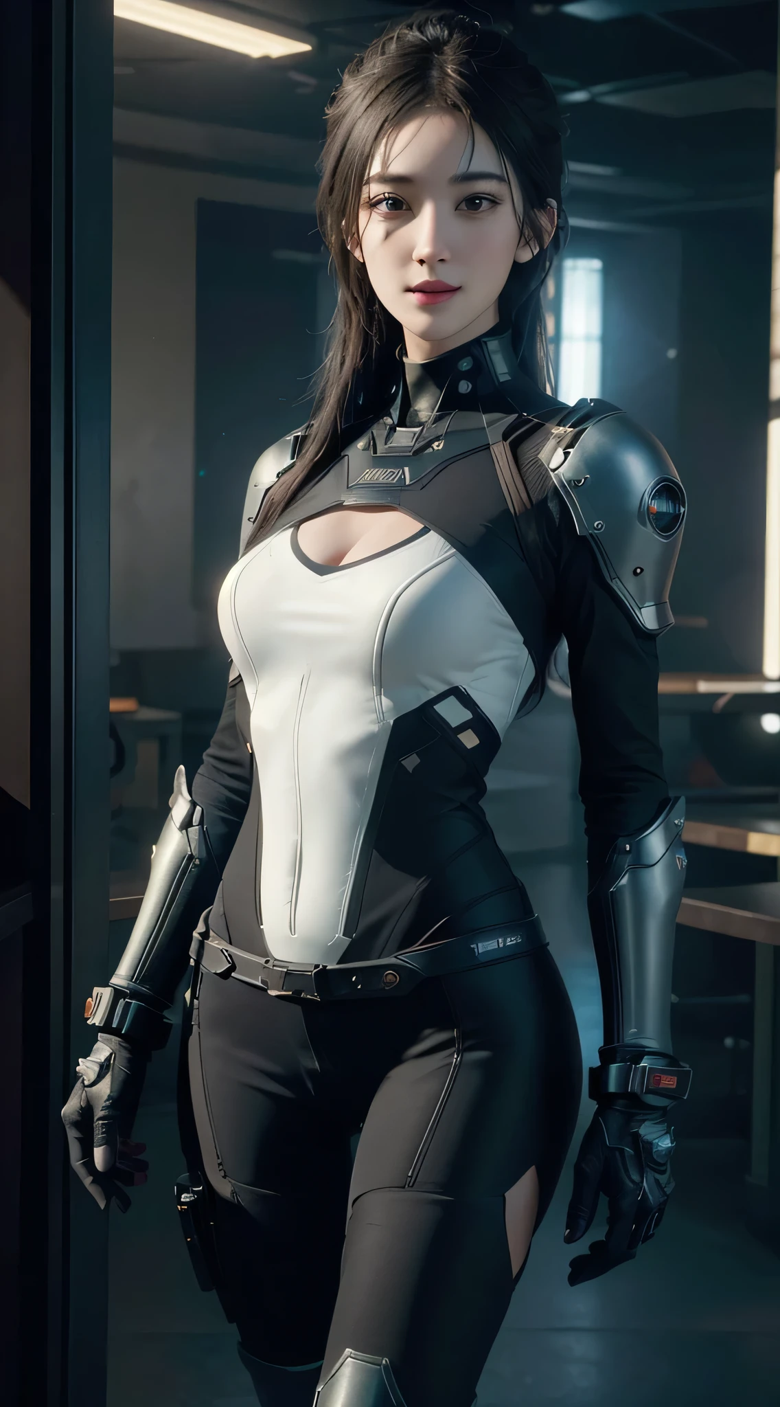 ((best quality)), ((masterpiece)), (detailed:1.4), 3d, Image of a beautiful cyberpunk woman,Human Development Report (High Dynamic Range),Ray Tracing,nvidia RTX,Super Resolution,Unreal 5,Subsurface scattering,PBR Textures,Post-Processing,Anisotropic filtering,Depth of Field,Maximum clarity and sharpness,Multi-layered textures,Albedo and Specular Maps,Surface Shading,Accurate simulation of the interaction between light and material,Perfect proportion,Octane Rendering,Two-color lighting,Large aperture,Low ISO,White Balance,Rule of Thirds,8K Native,Smiling