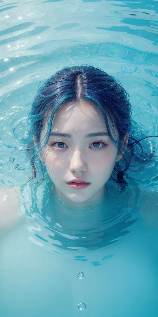 1girl, female water spirit, water-colored hair, spring water inside, a few drops of water on the skin,
