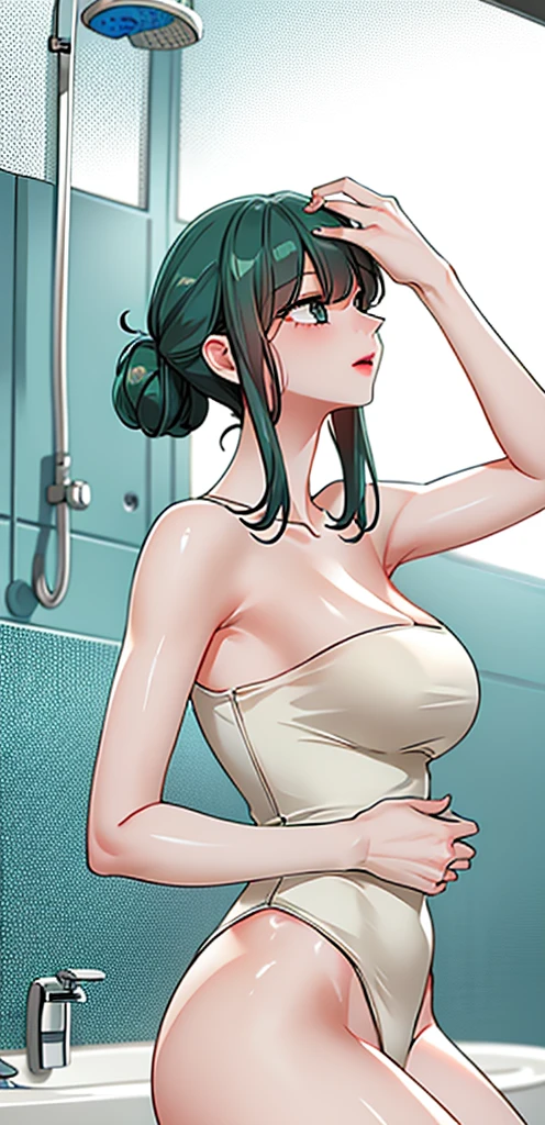 a woman is soaking in the bath, bathroom, bathtub, realistic girl, hair bun