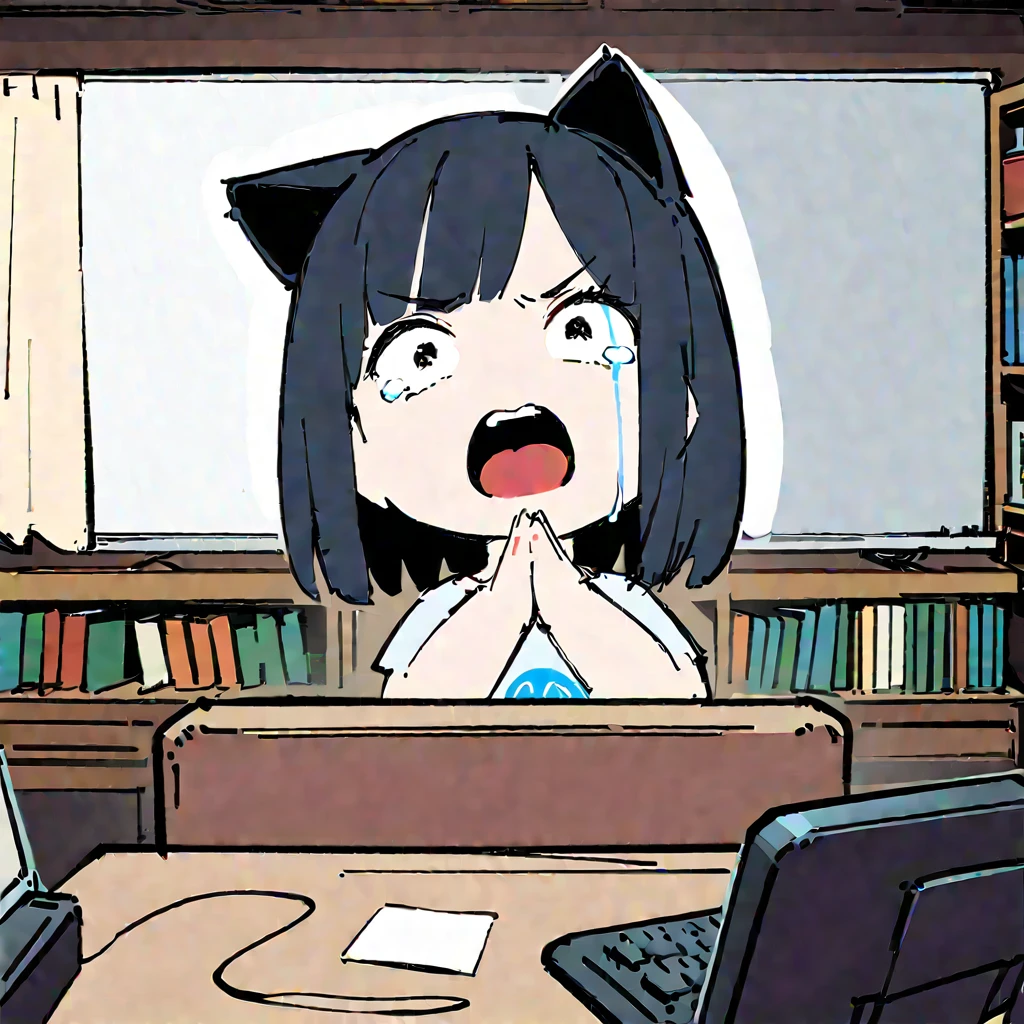 (Thick painting style),Bold line, ((masterpiece,)),(((Highest quality))),(sketch),(((computer,Bookshelf,Whiteboard,curtain,Top view))),(Crying face,A girl in her twenties praying, Mouth wide open),Short black hair,Black cat ears,T-Shirts,jeans,(((Character Portrait,Full Art))),Messy