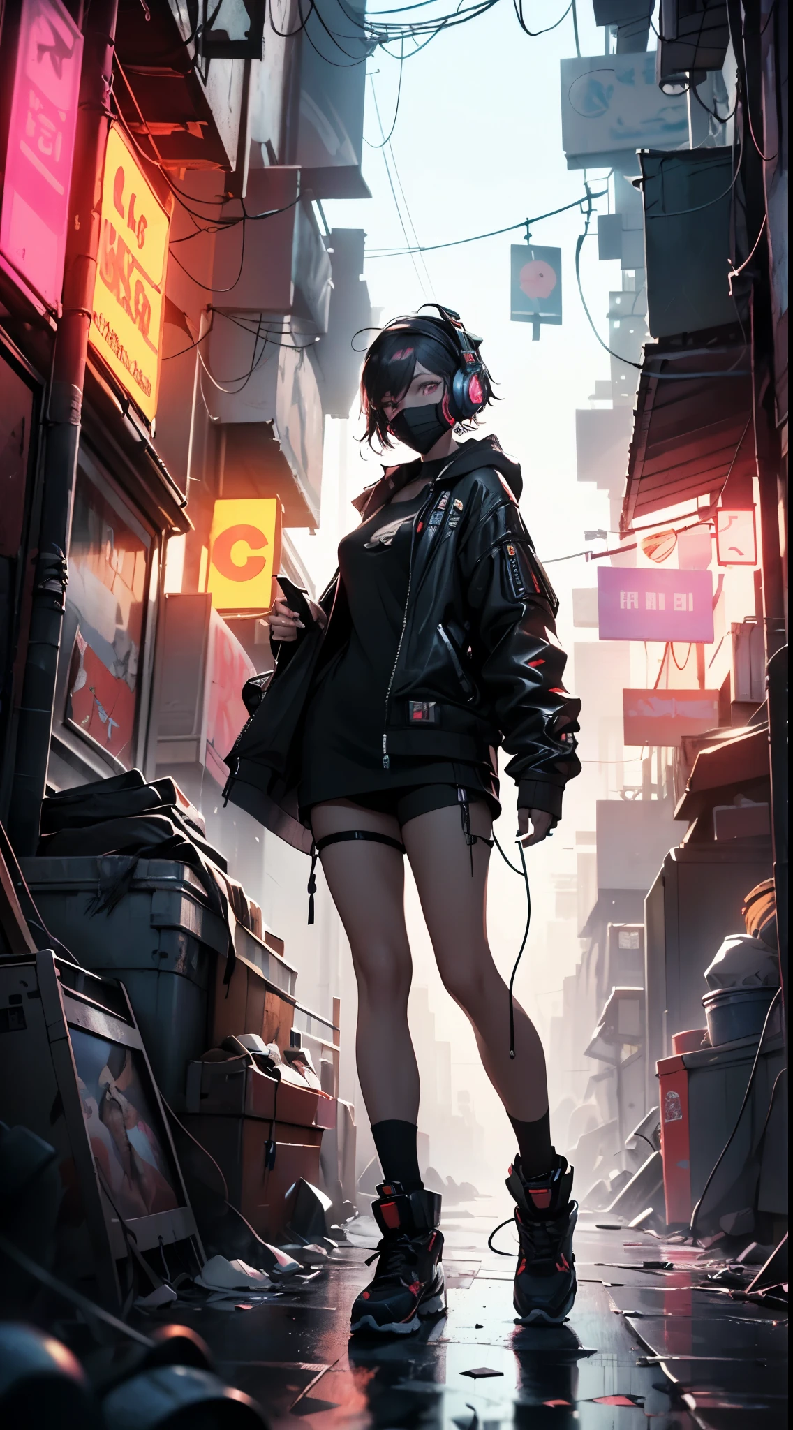(an artistic photograph of a cyberpunk prostitute),full body shot shot, centred, with a headphone on my head and a mask on my face (extremely detaild:1.2), (intricate neon slums in the background:1.1), 超detailded, (soft lighting:1.2), high resolution, cinematic grain.