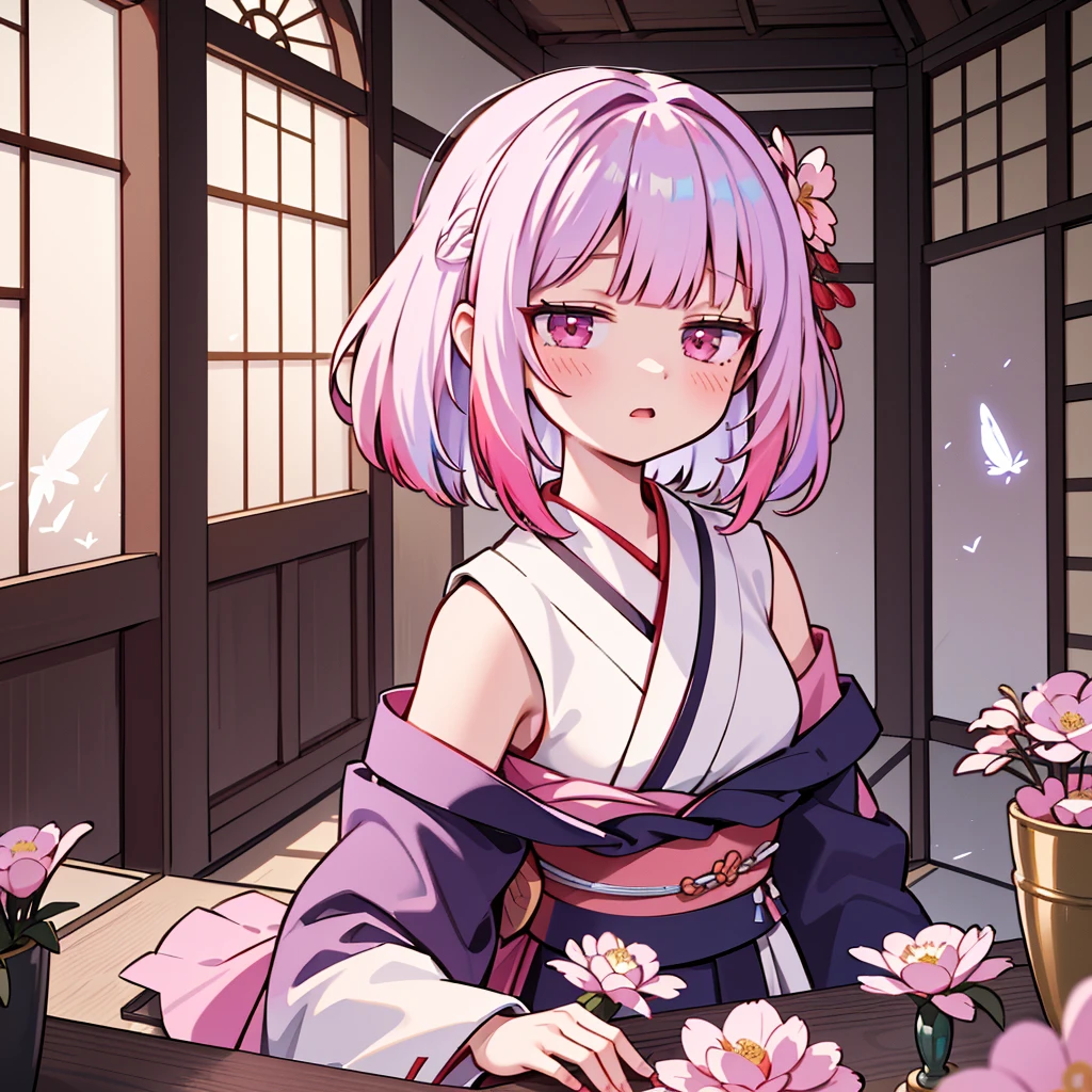masterpiece, best quality, extremely detailed, absurdres, expressive clothes, fine fabric emphasis, ray tracing, fantasy style,

1girl , upper body , portrait , tilted head , hanfu , obi , kimono , (split-color hair:1.4) , off shoulder, pink eyes , Japanese architecture, indoor , light and shadow, crystal flower, crystal,