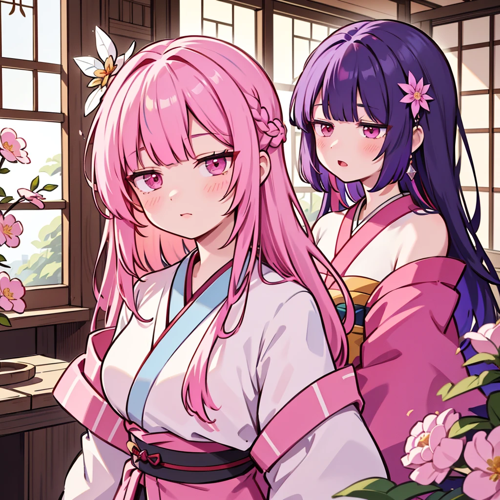 masterpiece, best quality, extremely detailed, absurdres, expressive clothes, fine fabric emphasis, ray tracing, fantasy style,
1girl , upper body , portrait , tilted head , hanfu , obi , kimono , (split-color hair:1.4) , off shoulder, pink eyes , Japanese architecture, indoor , light and shadow, crystal flower, crystal,
