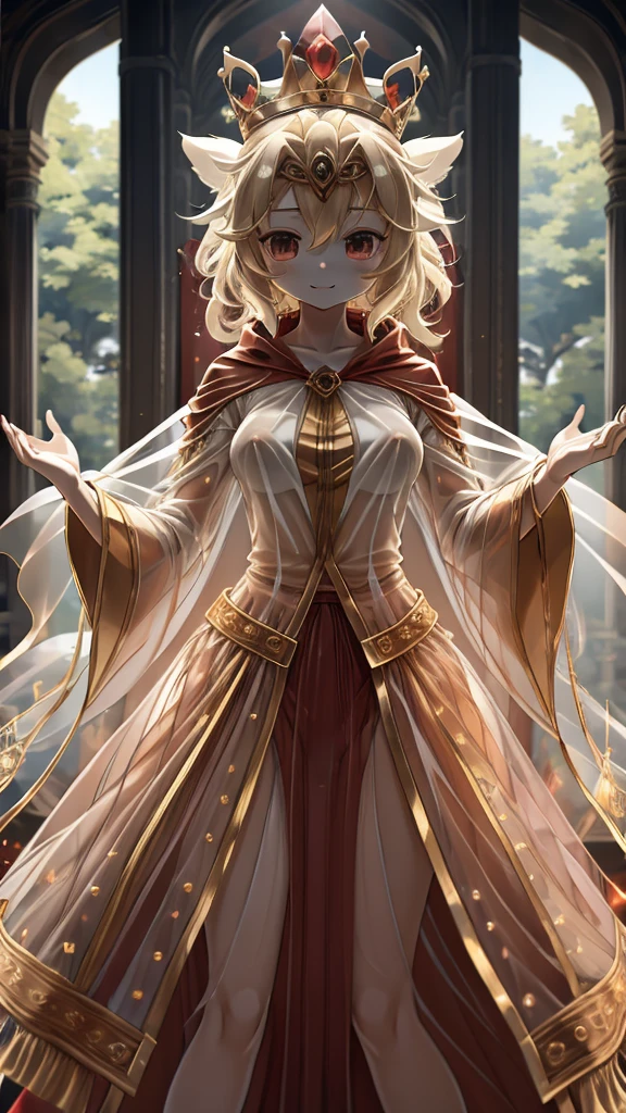 Queen，Innocent expression，Innocent smile，crown，redcloak，Blonde， red，redcloak，cloak，Transparent skirt，Transparent textured skirt，Transparent textured skirt，Transparent shirt，Transparent coat，Transparent coat，Transparent coat，Translucent raincoat，Bottom lining，内衬搭配Transparent coat，半Transparent coat，No nsfw content，Review，Transparent coat，Transparent textured skirt，内容Review