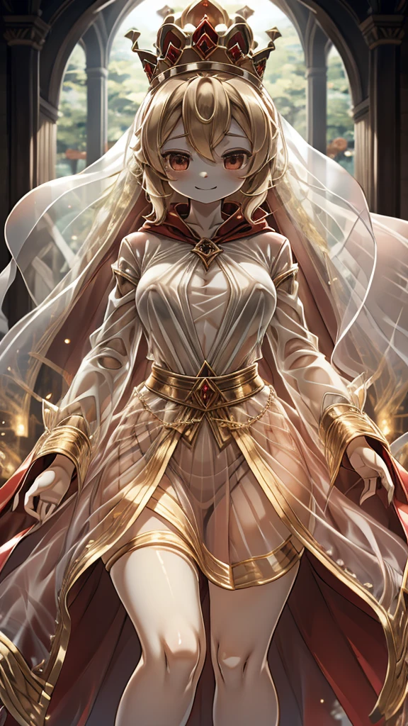 Queen，Innocent expression，Innocent smile，crown，redcloak，Blonde， red，redcloak，cloak，Transparent skirt，Transparent textured skirt，Transparent textured skirt，Transparent shirt，Transparent coat，Transparent coat，Transparent coat，Translucent raincoat，Bottom lining，内衬搭配Transparent coat，半Transparent coat，No nsfw content，Review，Transparent coat，Transparent textured skirt，内容Review