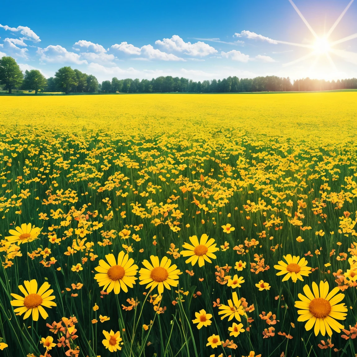 a field of flowers with the sun shining in the background, bright sunny summer day, 🌺 cgsociety, sunny meadow, bright and sunny day, sunny day time, bright summer day, in a sunny day, bright sunny time, beautiful sunny day, on a sunny day, bright sunny day, by Igor Zenin, sunny morning light, beautiful flowers, meadow flowers