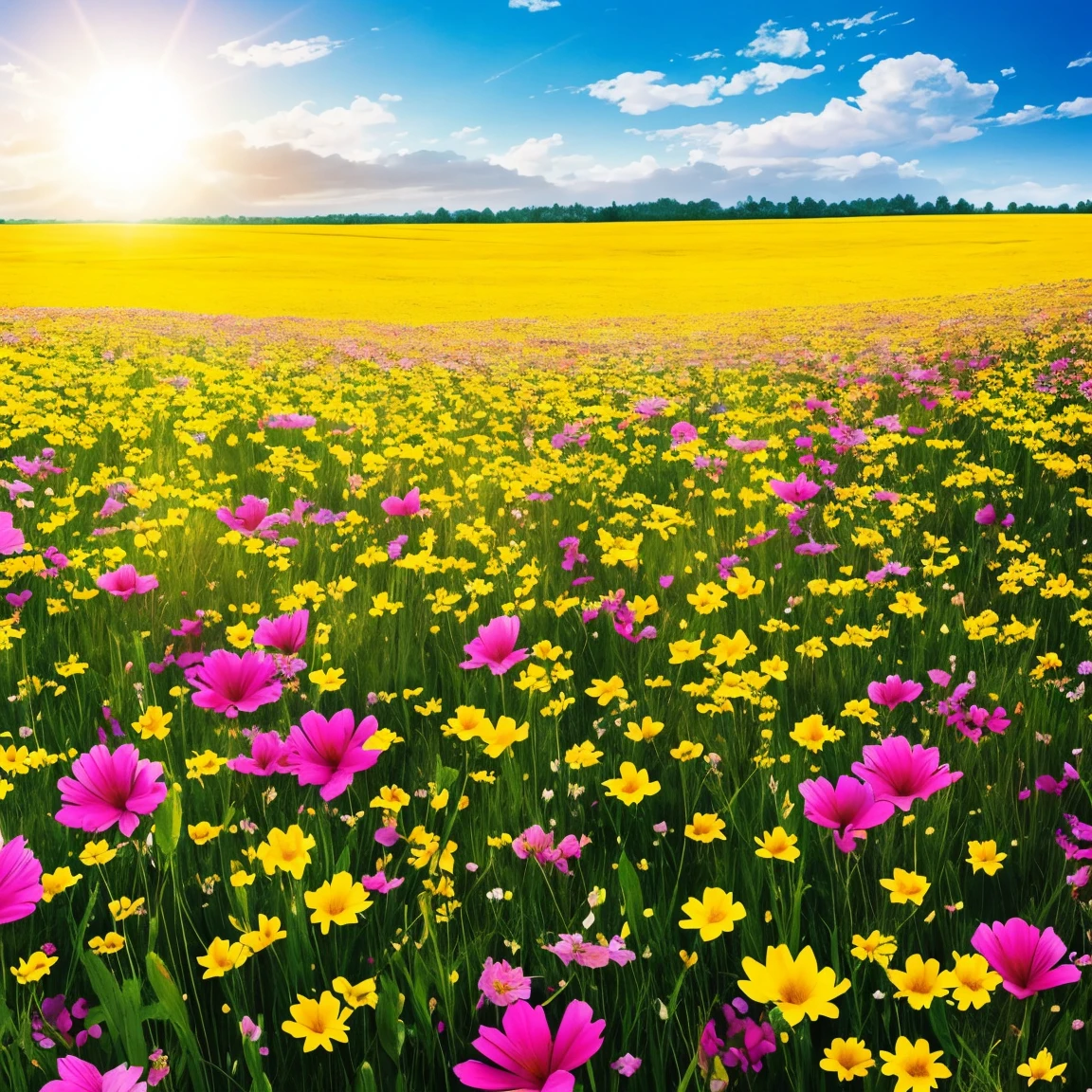 a field of flowers with the sun shining in the background, bright sunny summer day, 🌺 cgsociety, sunny meadow, bright and sunny day, sunny day time, bright summer day, in a sunny day, bright sunny time, beautiful sunny day, on a sunny day, bright sunny day, by Igor Zenin, sunny morning light, beautiful flowers, meadow flowers
