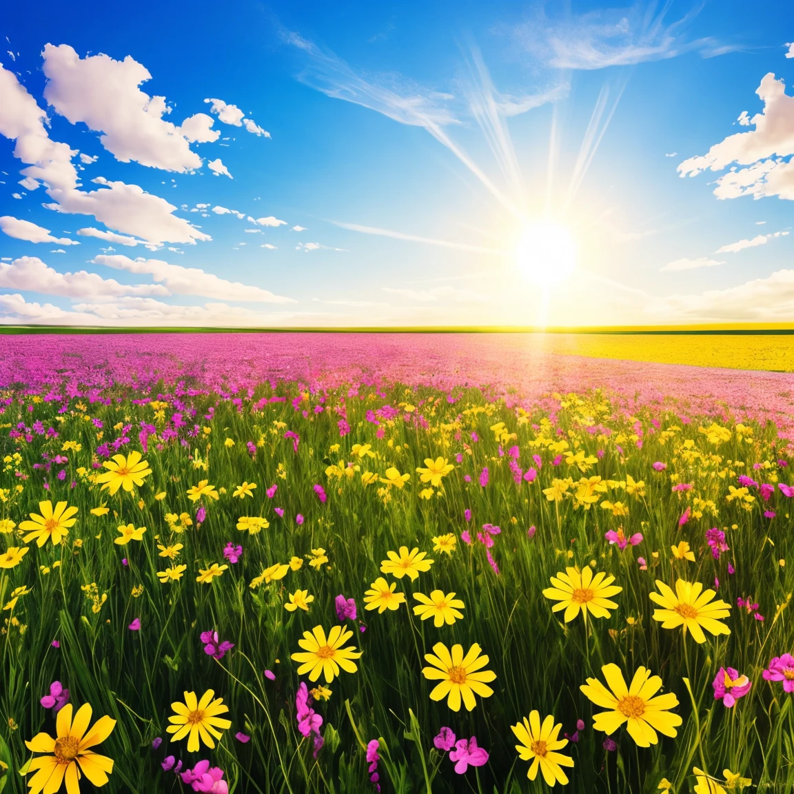 a field of flowers with the sun shining in the background, bright sunny summer day, 🌺 cgsociety, sunny meadow, bright and sunny day, sunny day time, bright summer day, in a sunny day, bright sunny time, beautiful sunny day, on a sunny day, bright sunny day, by Igor Zenin, sunny morning light, beautiful flowers, meadow flowers
