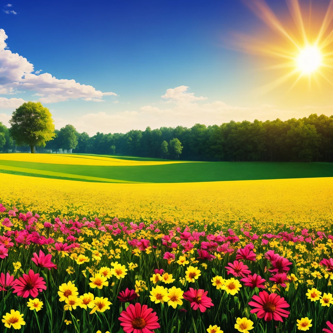a field of flowers with the sun shining in the background, a picture by Igor Zenin, flickr, conceptual art, bright sunny summer day, 🌺 cgsociety, sunny meadow, bright and sunny day, sunny day time, bright summer day, in a sunny day, bright sunny time, beautiful sunny day, on a sunny day, bright sunny day, sunny morning light