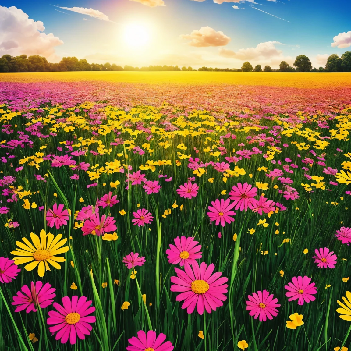 a field of flowers with the sun shining in the background, a picture by Igor Zenin, flickr, conceptual art, bright sunny summer day, 🌺 cgsociety, sunny meadow, bright and sunny day, sunny day time, bright summer day, in a sunny day, bright sunny time, beautiful sunny day, on a sunny day, bright sunny day, sunny morning light