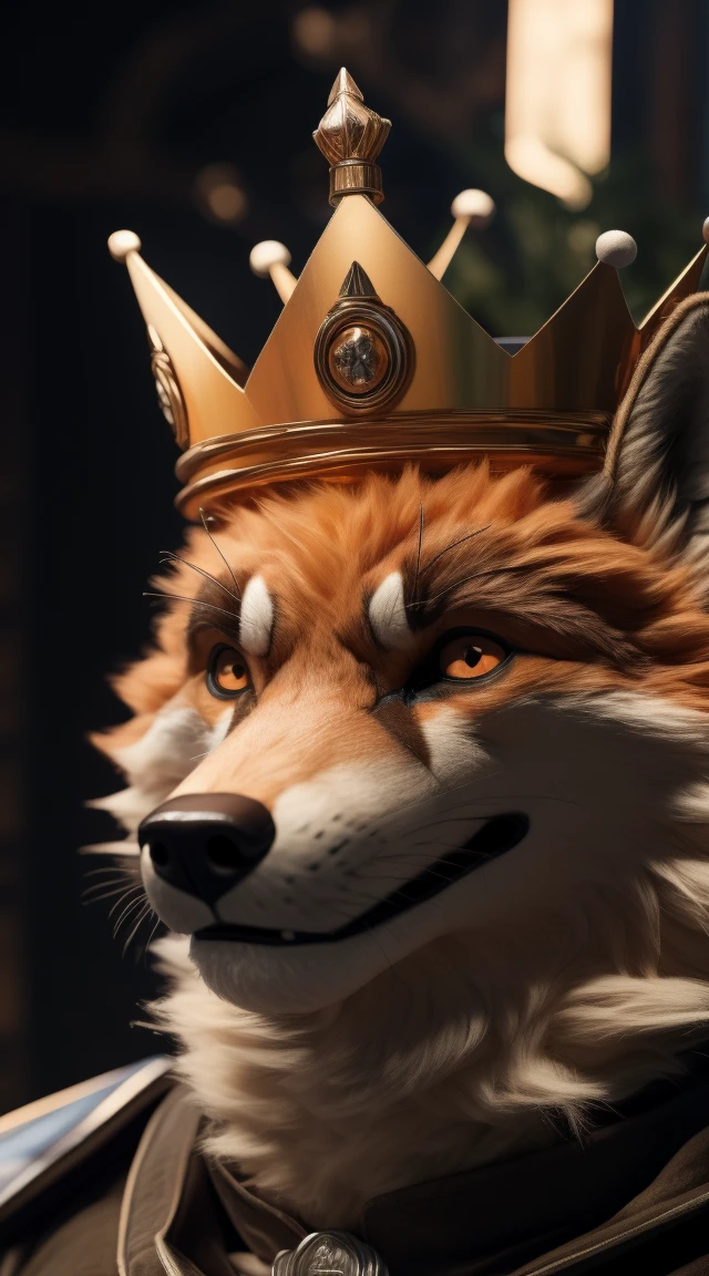 (better quality,16K,32k,highres,master piece:1.2),ultra detali,(realistic,fotorrealistic,photo-realistic:1.37),(an orange and white fox) looking at the viewer seductive expression with cute face a realistic background bright orange eye A cunning villain pose with (large crown, the size of your head) (shiny crown) ( King crown) expression of serious courageous and confident and cunning