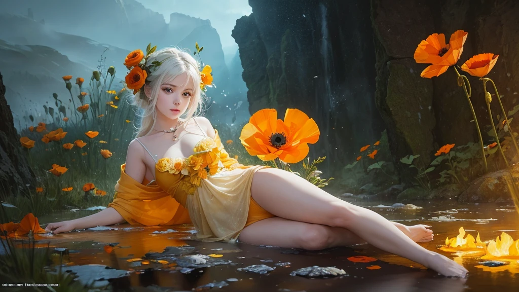 32k, Masterpiece, Highest quality, One girl, Detailed eyes, flower,Iceland Poppy, Orange and yellow style,A dreamy, romantic piece,Pale yellow, Mysterious Leaves,A playful arrangement,Fantasy,High Contrast,Ink strokes,explosion,Exposure, Impression of orange and yellow tones,Abstract,((Watercolours by John Berkey and Jeremy Mann )) Brush strokes,Negative Space, Tyndall effect,