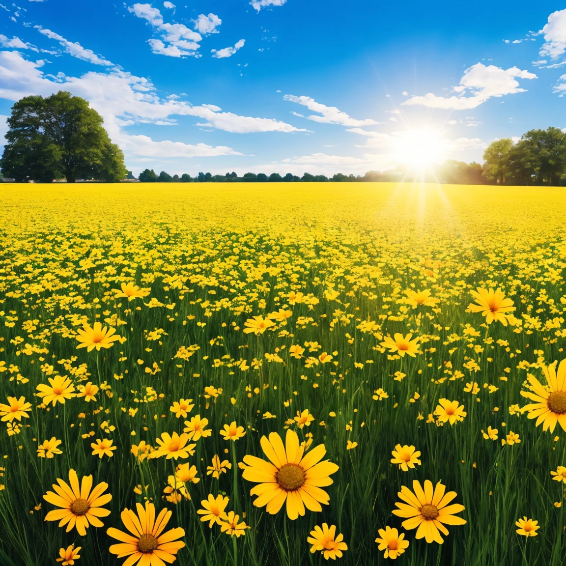 a field of flowers with the sun shining in the background, bright sunny summer day, 🌺 cgsociety, sunny meadow, bright and sunny day, sunny day time, bright summer day, in a sunny day, bright sunny time, beautiful sunny day, on a sunny day, bright sunny day, by Igor Zenin, sunny morning light, beautiful flowers, meadow flowers