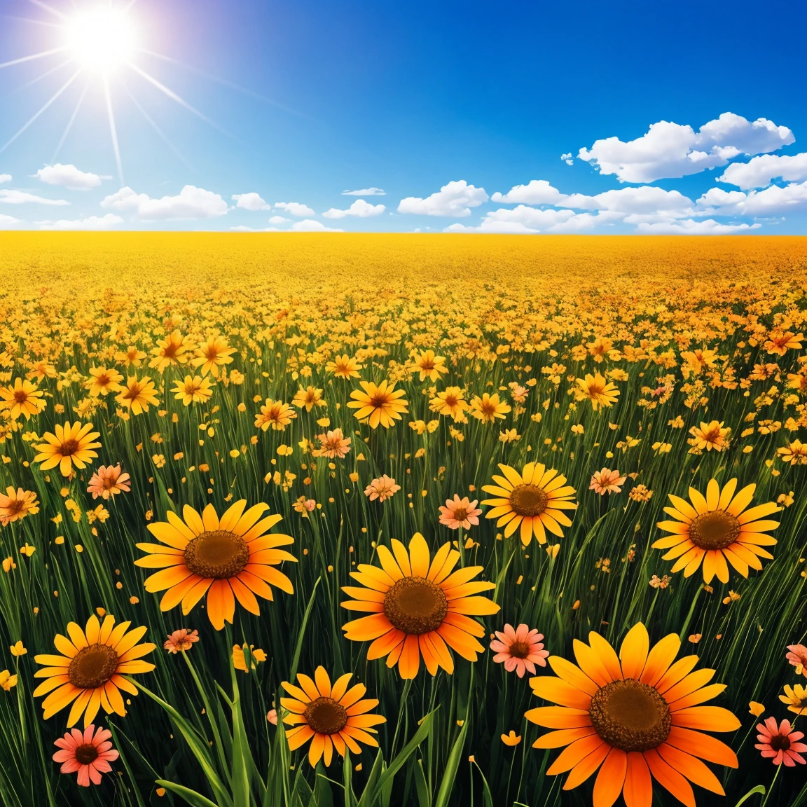 a field of flowers with the sun shining in the background, bright sunny summer day, 🌺 cgsociety, sunny meadow, bright and sunny day, sunny day time, bright summer day, in a sunny day, bright sunny time, beautiful sunny day, on a sunny day, bright sunny day, by Igor Zenin, sunny morning light, beautiful flowers, meadow flowers