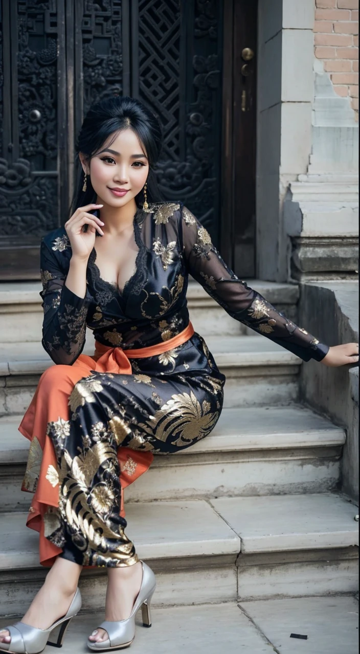 Indonesian women，45 years old, Amazing，Beautuful Women，ccurateblack hair，Tang suit，ssmile，Prosperous headdress，wear traditional Indonesian kebaya, 