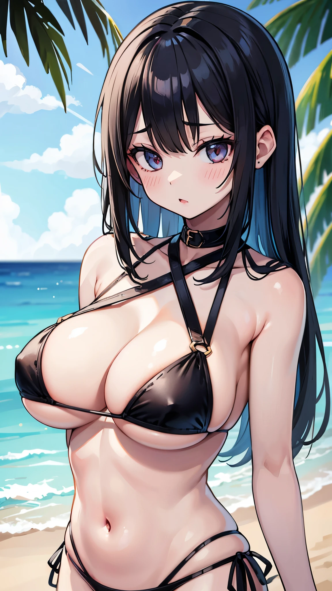 1 girl,bikini, White skin, Big Breasts, low length, Black Hair, whole body,Looking down ,Ahegao