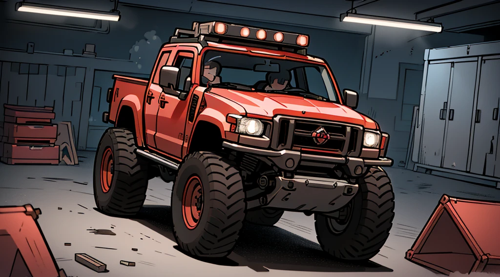 ((Best Quality)), ((masterpiece)), Highly detailed, 8K, red 6x6 heavy pickup truck, red dirty matte paint, boxy angles, boxy 80s design, 2 pairs of back wheels, bright showroom, cel-shaded, line art, bold black outlines, comic style, inkpunk, bright photoshoot lighting, ((isometric symmetry:1.2))