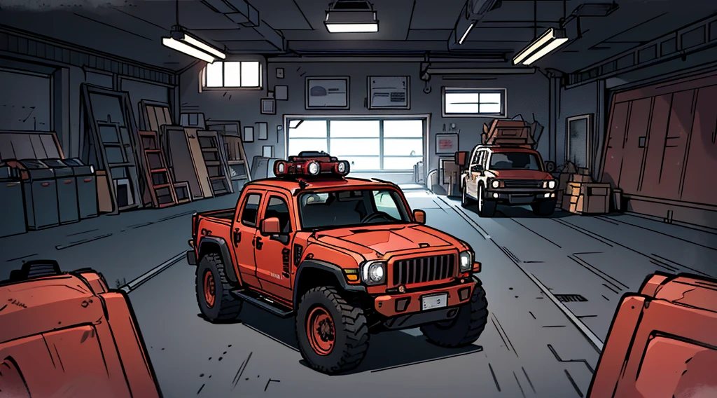 ((Best Quality)), ((masterpiece)), Highly detailed, 8K, red 6x6 heavy pickup truck, red dirty matte paint, boxy angles, boxy 80s design, 2 pairs of back wheels, bright showroom, cel-shaded, line art, bold black outlines, comic style, inkpunk, bright photoshoot lighting, ((isometric symmetry:1.2))