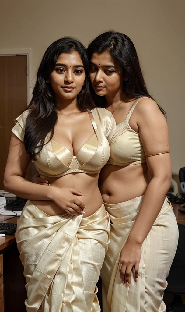 a beautiful South Indian 25 year old plus sized teacher (wearing cream colour silk saree and bra) in a office, affectionately hugging a 60 year old man, full body image