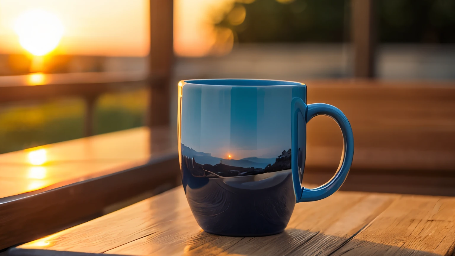 Using a mug as a subject Cafe terrace where the setting sun shines
