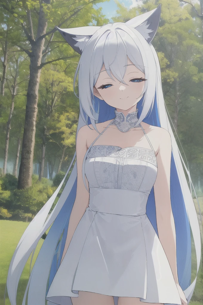 shieldAtlas, Atlas, long hair, bang, animal ears, very long hair, (closed eyes:1.5), Hair, White hair, multicolored hair, twin Hairs, smile,
BREAK dress, clavicle, White dress, A green dress, multi-colored dress,
BREAK outdoors, the forest, nature, Sun, sky, clouds, grass, trees,
BREAK looking at viewer, (cowboy shot:1.5),
BREAK (masterpiece:1.2), Best quality, A high resolution, unity 8k wallpaper, (illustration:0.8), (beautiful detailed eyes:1.6), very detailed face, perfect lighting, extremely detailed computer graphics, (perfect hands, Ideal Anatomy), 