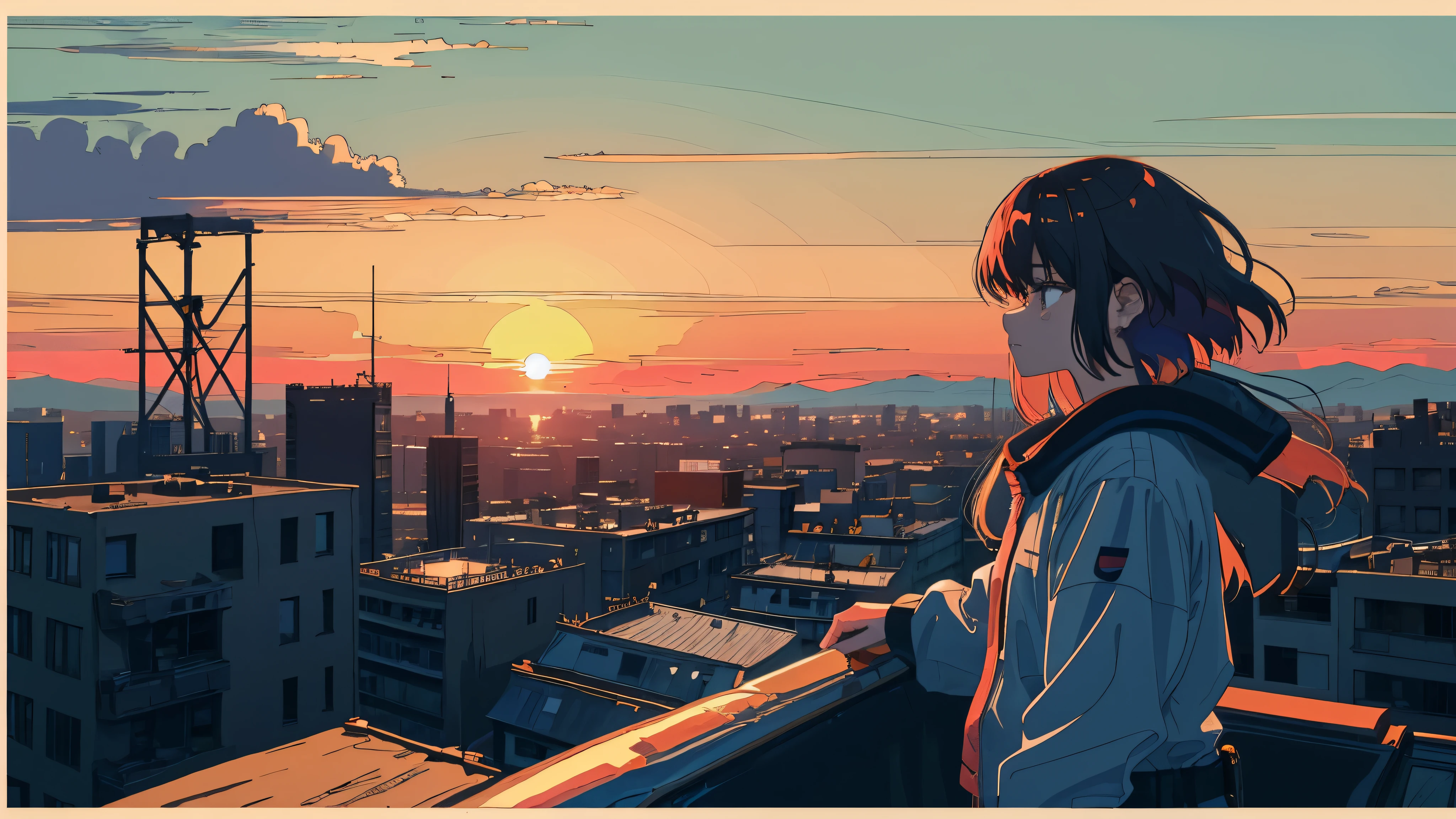 Lonely girl, sunset, city rooftop, sad, sad colors