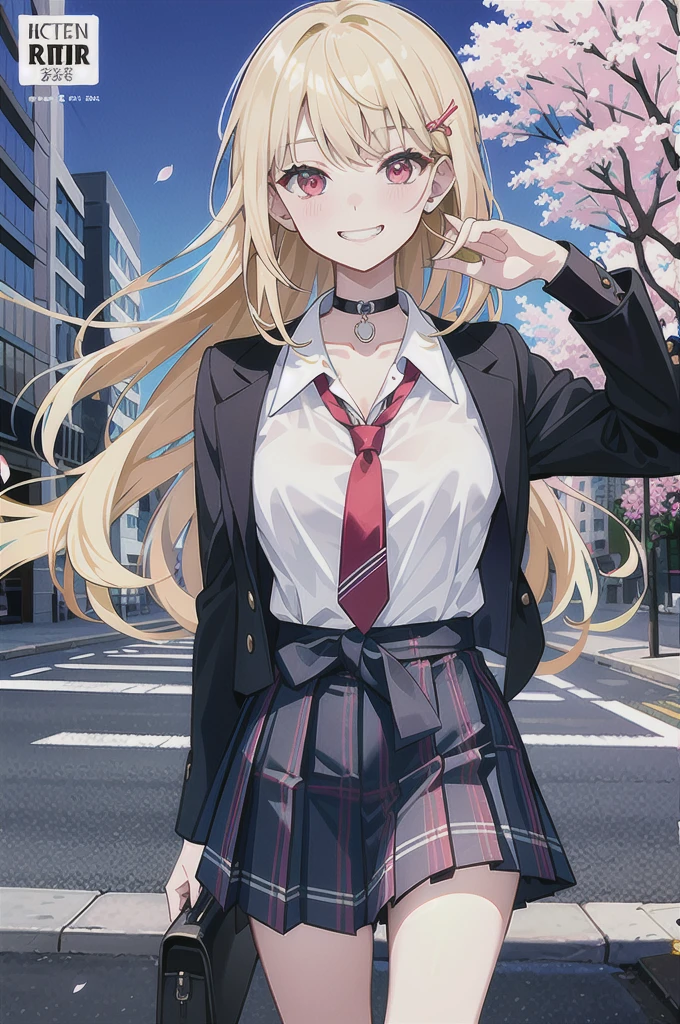 masterpiece, best quality, full body, 1girl, bangs, black choker, black necktie, blonde hair, blue skirt, blush, bracelet, breasts, choker, clothes around waist, collarbone, collared shirt, cowboy shot, dress shirt, ear piercing, eyebrows visible through hair, gradient hair, grin, gyaru, jewelry, kogal, long hair, looking at viewer, loose necktie, necktie, piercing, plaid, plaid skirt, pleated skirt, red eyes, ring, , shirt, skirt, smile, solo, white shirt, street, sky, cherry blossoms, petals,illustration, (magazine:1.3), (cover-style:1.3), fashionable, woman, vibrant, outfit, posing, front, colorful, dynamic, background, elements, confident, expression, holding, statement, accessory, majestic, coiled, around, touch, scene, text, cover, bold, attention-grabbing, title, stylish, font, catchy, headline, larger, striking, modern, trendy, focus, fashion,