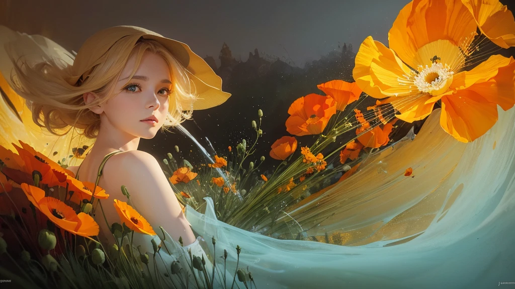 32k, Masterpiece, Highest quality, One girl, Detailed eyes, flower,Iceland Poppy, Orange and yellow style,A dreamy, romantic piece,Pale yellow, Mysterious Leaves,A playful arrangement,Fantasy,High Contrast,Ink strokes,explosion,Exposure, Impression of orange and yellow tones,Abstract,((Watercolours by John Berkey and Jeremy Mann )) Brush strokes,Negative Space, Tyndall effect,