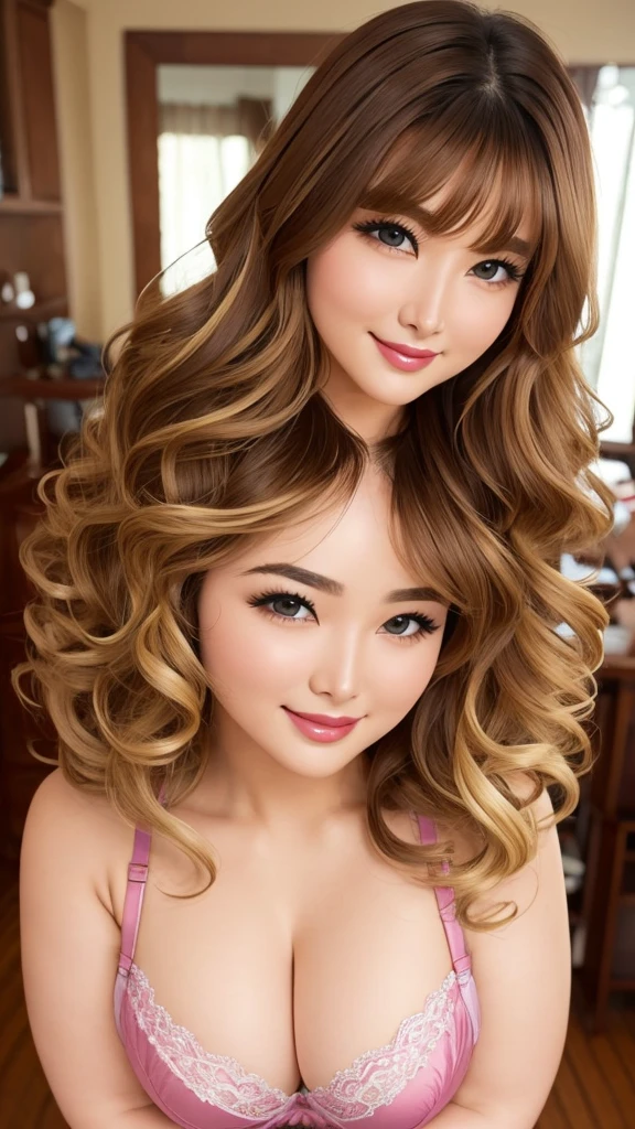 Beauty, Mystical Eyes、Big 、Super sexy、Pale skin、Shiny Hair、Super long hair、Loose and fluffy perm、Close to blonde、Are fat、fat、smile、Heavy makeup、Pink lipstick、Thick lipoisturized lips、Plump、Voluptuous、Indian、looking at the camera、Has bangs、Bangs fall on the forehead、Mature Woman、Frivolous、Sexy Lingerie
