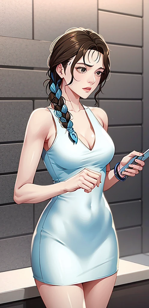 a woman is soaking in the bath, bathroom, bathtub, realistic girl, hair bun