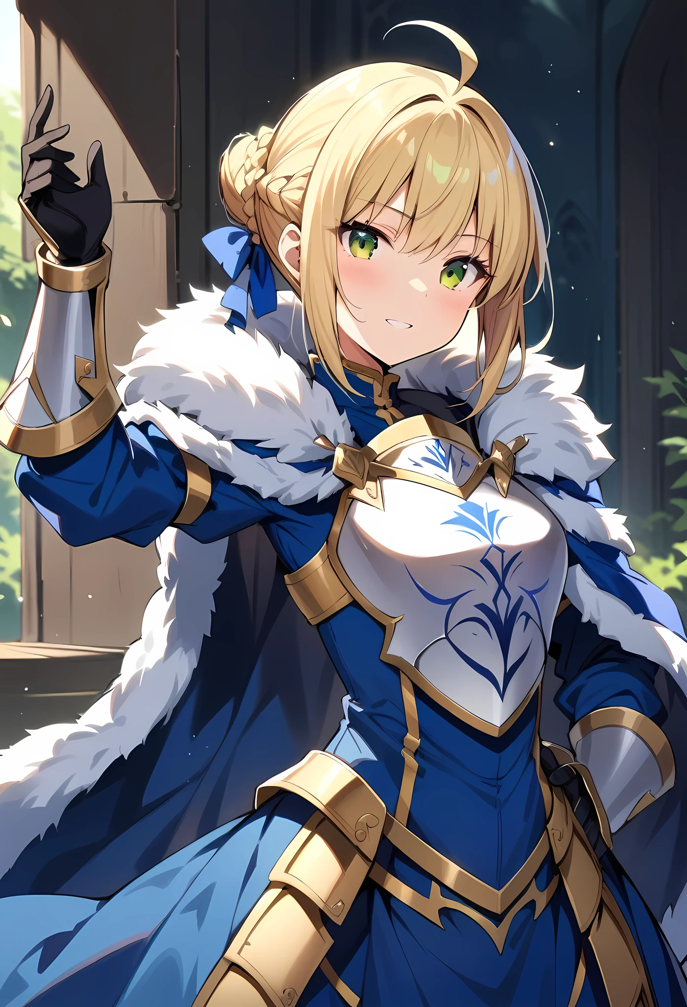 masterpiece, best quality, very aesthetic, absurdres,saber_(fate), fate_(series), 1girl, ahoge,blonde_hair,braid, braided_bun,single_hair_bun, hair_ribbon, green_eyes, armor, armored_dress, blue_cape, blue_dress, blue_ribbon, breastplate, cape,dress, faulds, fur-trimmed_cape, fur_trim, gauntlets,long_sleeves,