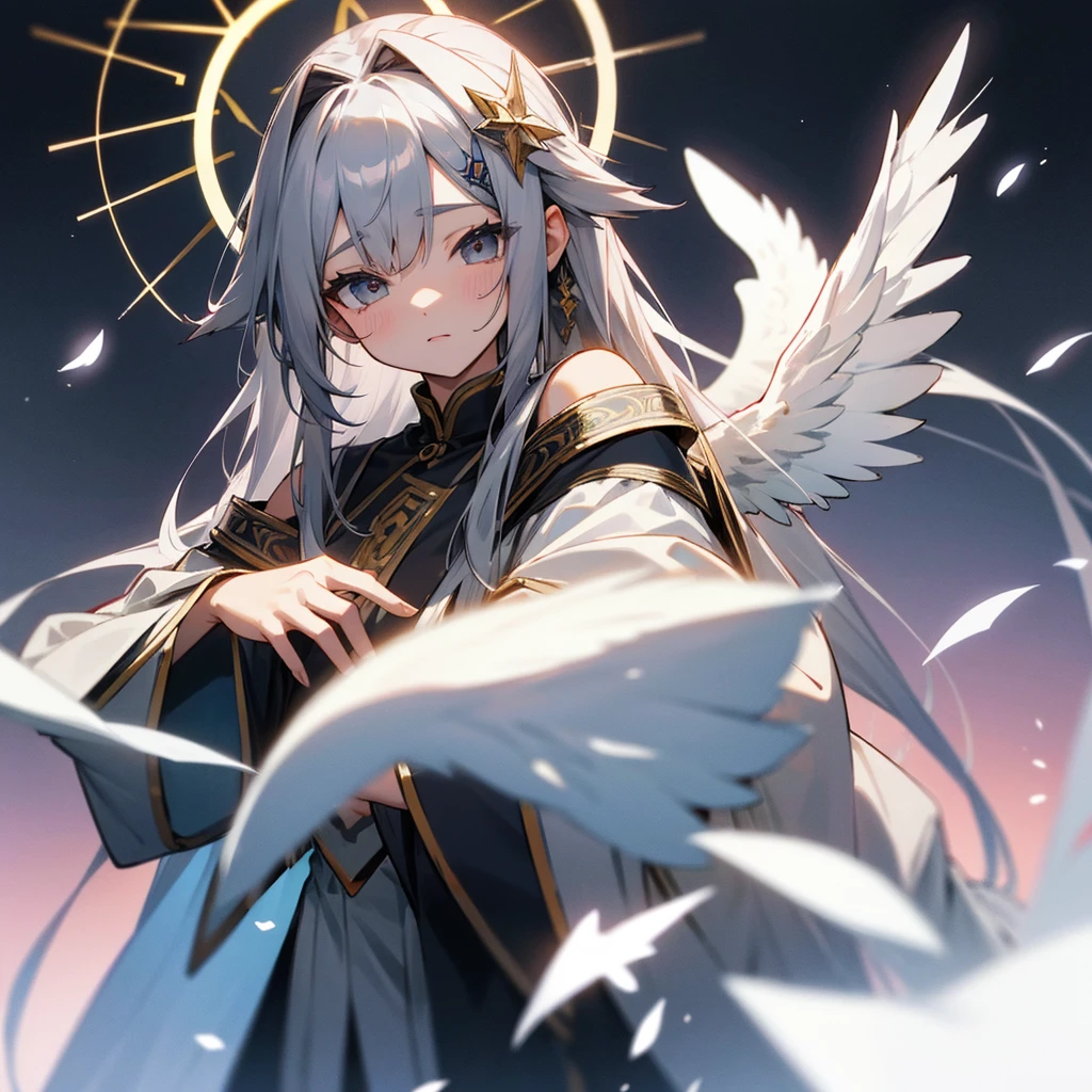 Gray Hair Lots of decorations in the hair、God Aura、
Angel Halo、wing、from the front、High-resolution head-to-shoulders face zoom