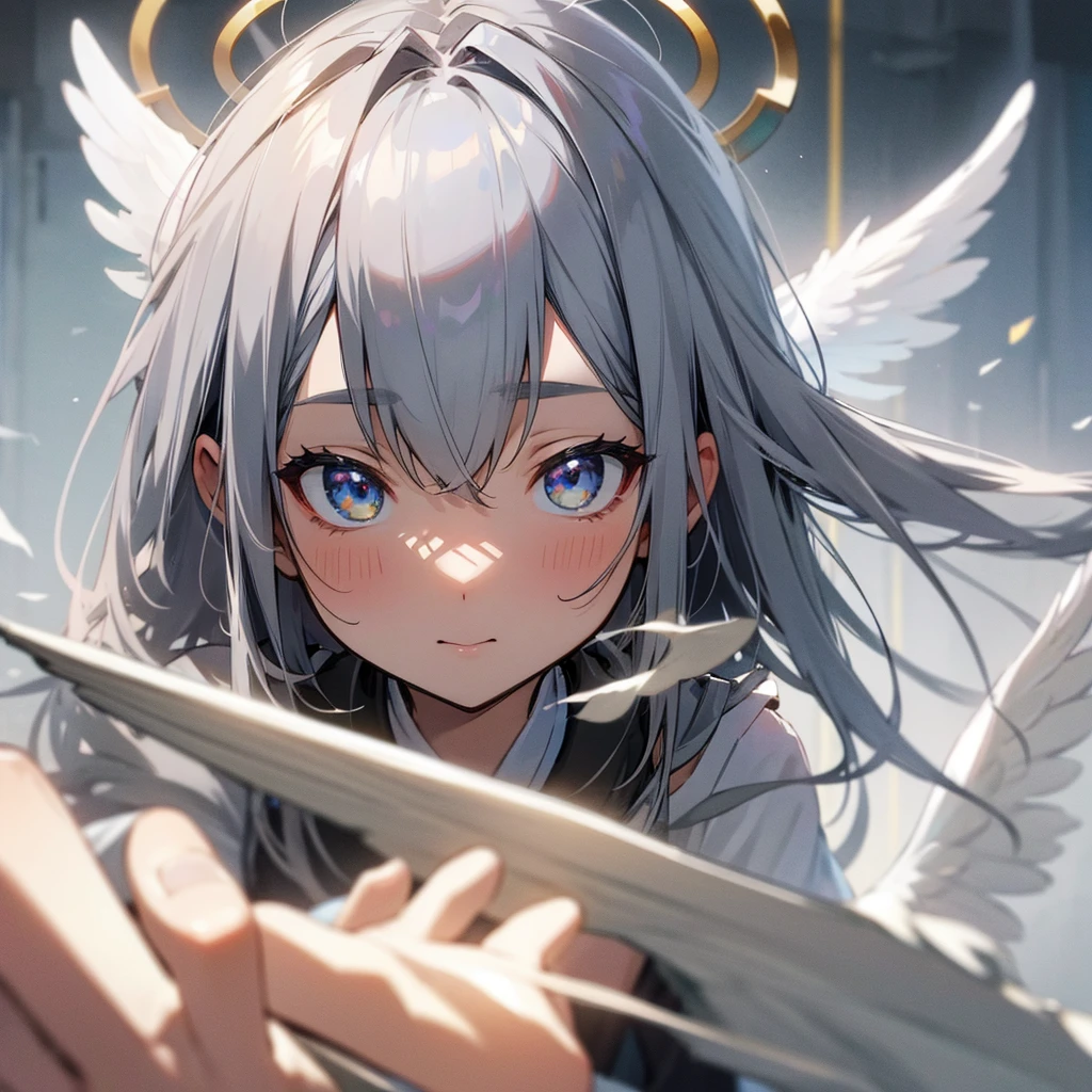 Gray Hair　Lots of decorations in the hair、God Aura、
Angel Halo、wing、from the front、High-resolution head-to-shoulders face zoom