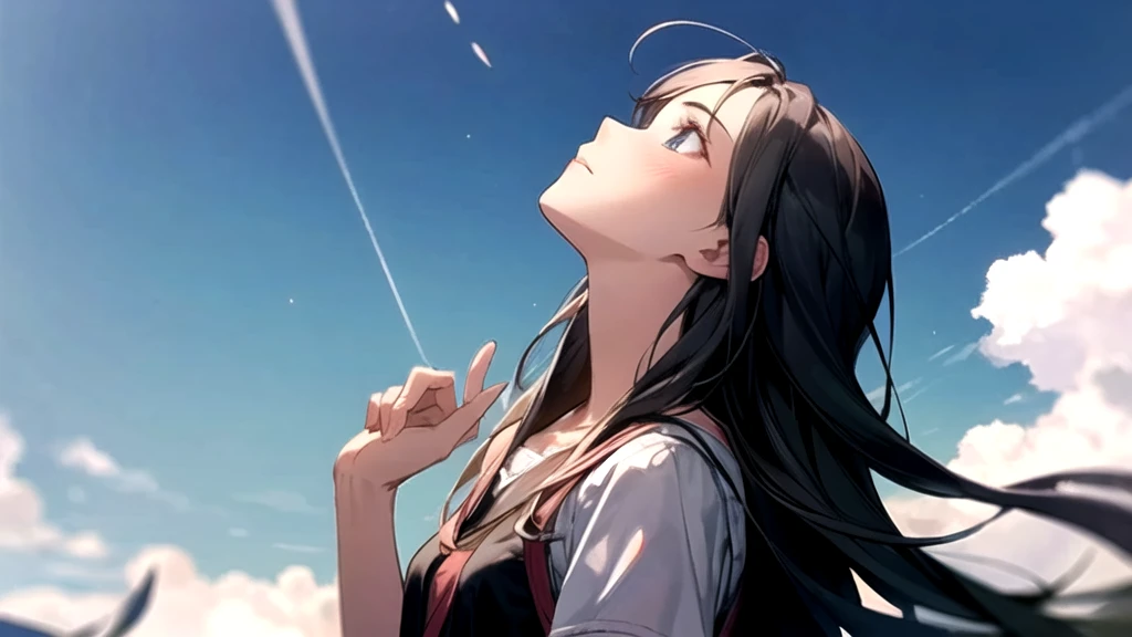 A teenage girl looking up at the sky in midsummer,Whole body