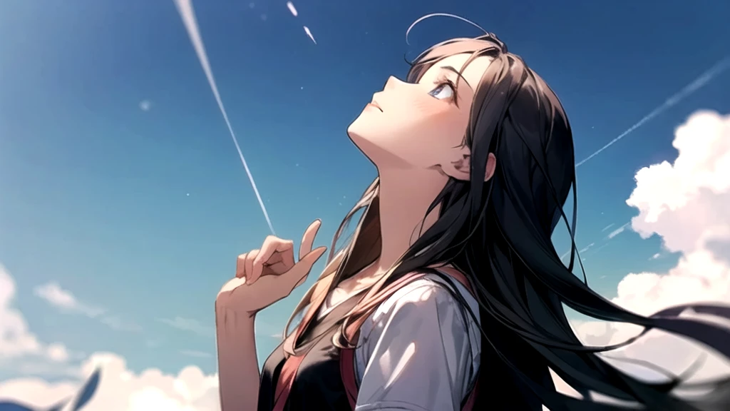 A teenage girl looking up at the sky in midsummer,Whole body