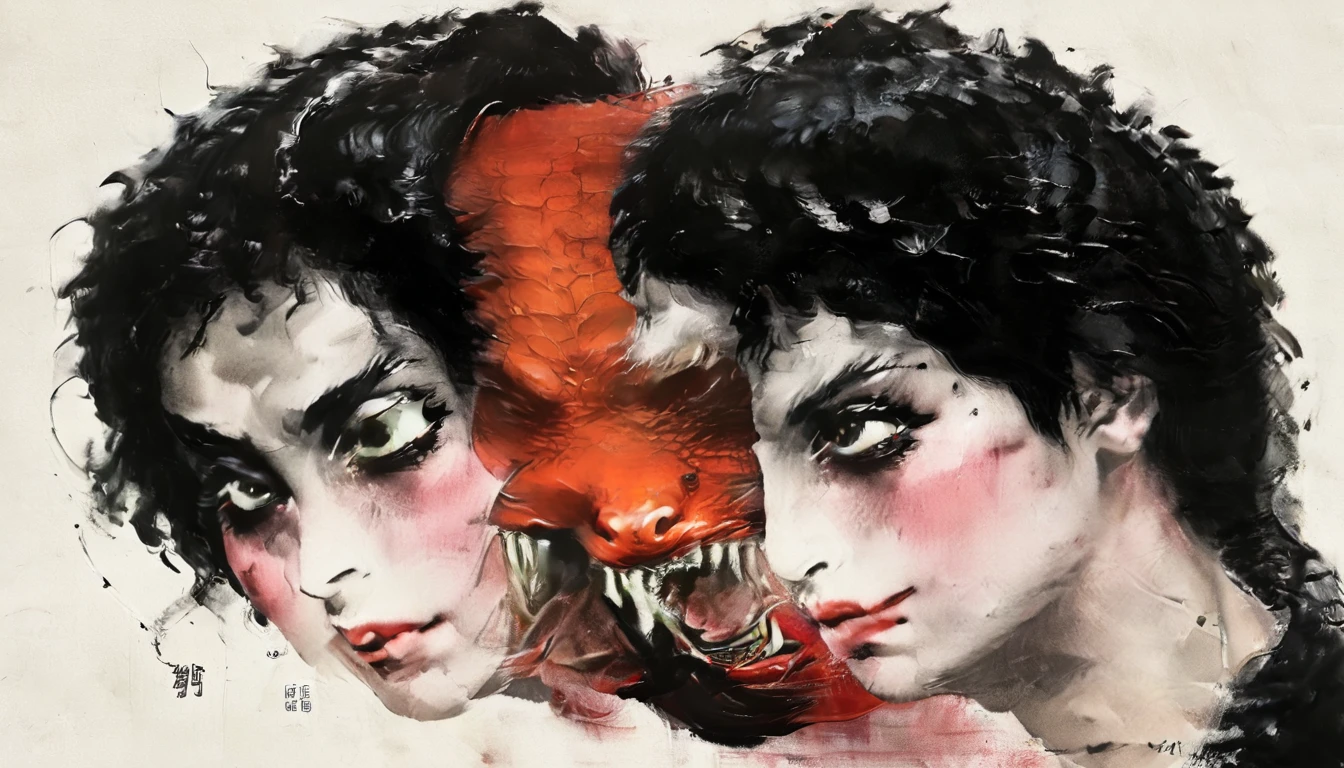 1 demon girl
Abnormaly elongated
gradient color
(red leather turtle neck tight with zipper),
black long hair
geisha, small intriquet demon hoard hyper detailed realism, clinging to her.
(art by Yoshitaka Amano ) intense dark feeling, scary, morbid