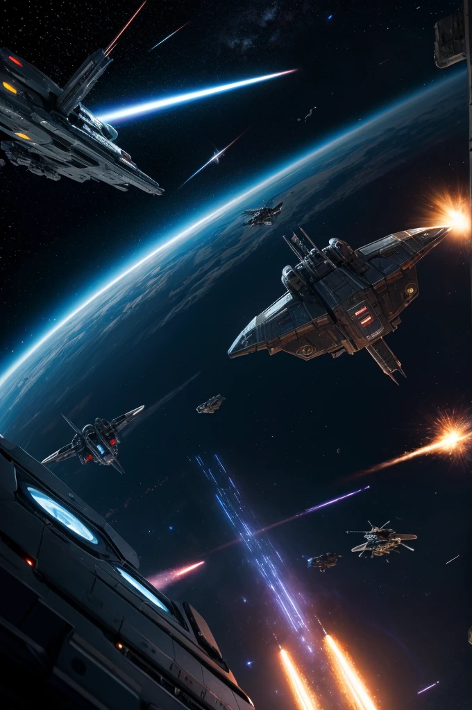 a space battle scene with a spacecrafts facing black alien insect ships, masterpiece, best, photo realistic, laser blasts and explosions