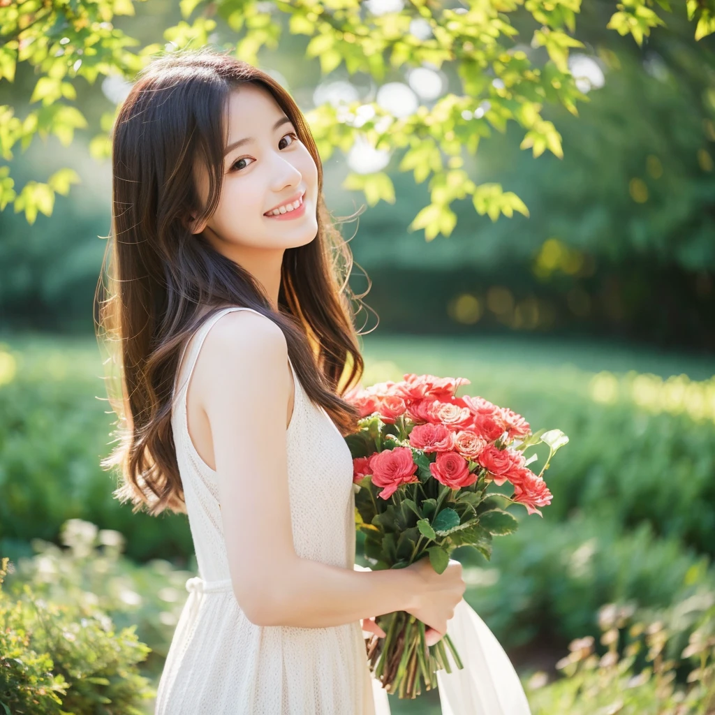 Create an image of a young woman around 25 years old, inspired by the provided image. The woman should have long, flowing hair and a gentle smile, holding a bouquet of flowers similar to the one in the reference. The setting should be a beautiful outdoor environment with greenery in the background, reminiscent of a sunny day. The woman should have a slightly more mature appearance while maintaining a warm and friendly expression. Ensure the lighting and color tones are soft and natural, highlighting her youthful yet mature beauty.
