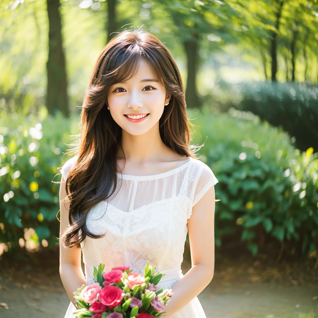 Create an image of a young woman around 25 years old, inspired by the provided image. The woman should have long, flowing hair and a gentle smile, holding a bouquet of flowers similar to the one in the reference. The setting should be a beautiful outdoor environment with greenery in the background, reminiscent of a sunny day. The woman should have a slightly more mature appearance while maintaining a warm and friendly expression. Ensure the lighting and color tones are soft and natural, highlighting her youthful yet mature beauty.