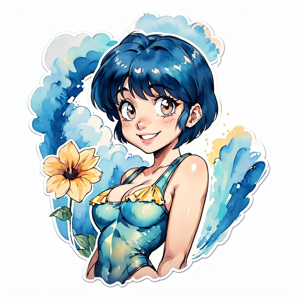1girl, TendouAkane, simple art, cute, watercolor, white background, looking at the viewer, AkaneYellowSwimsuit, big smile